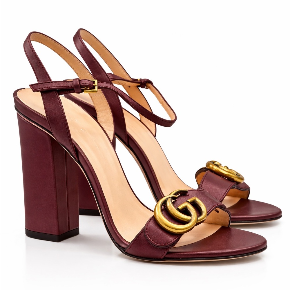 Gucci GG Marmont Burgundy Leather Block Heel Sandals 36 US 6 Bordeaux